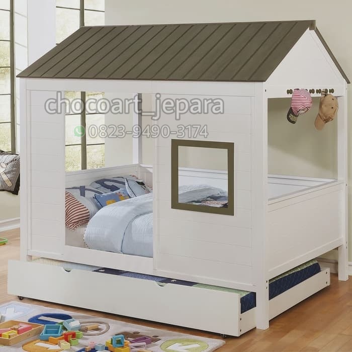 Dipan tingkat / dipan anak Dipan tingkat anak tempat tidur bed kasur ranjang bentuk rumah Kayu Jati