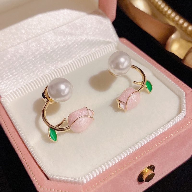 Anting Stud Klip s925 Silver Bentuk Bunga Tulip Aksen Mutiara Warna Pink Gaya Korea Untuk Wanita