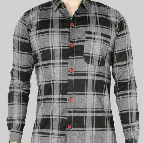 KEMEJA PRIA LENGAN PANJANG MOTIF KOTAK FLANEL WARNA ABU-ABU