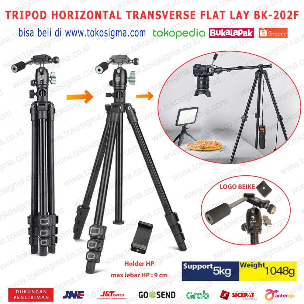 Tripod KAMERA HP Horizontal Flat Lay Over TOP HEAD QZSD BEIKE BK-202F