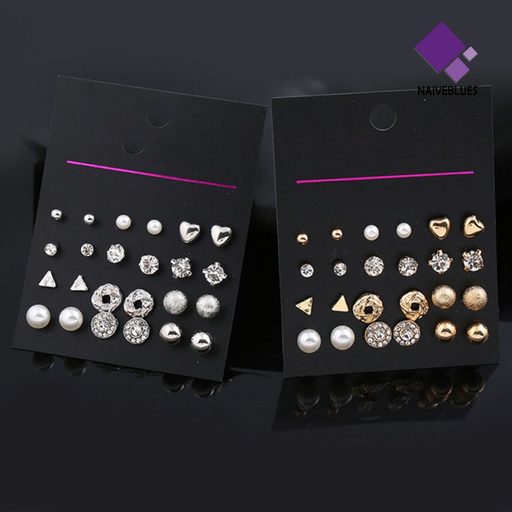 6 / 9 / 12 Pasang Anting Stud Berlian Imitasi Untuk Wanita