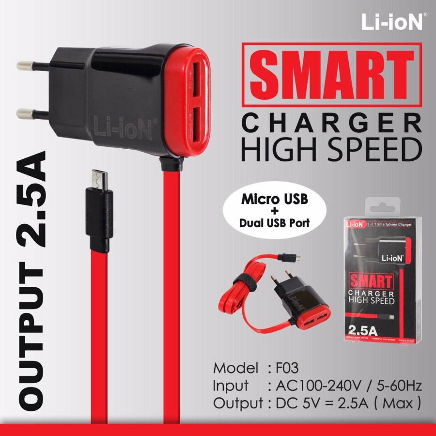 ADaptor LI-ION F03 3 IN 1 CHARGER 2.5A CHARGER 2 USB PORT + 1 KABEL type C , iphone