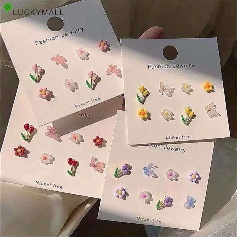 6pcs / set Anting Tusuk Bentuk Kartun Kupu-Kupu / Bunga / Telapak Kaki Kucing Bahan Keramik Resin Untuk Wanita