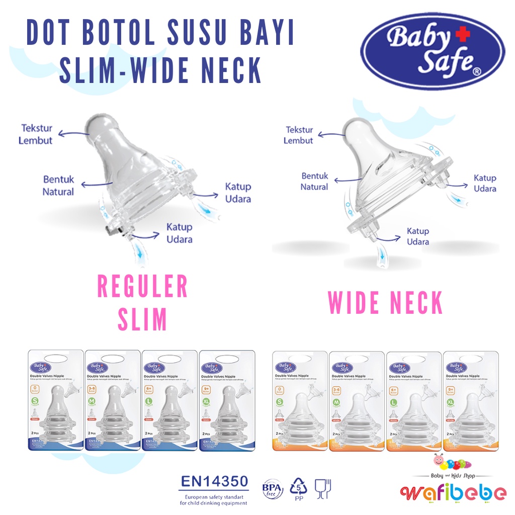 Baby Safe 2 pcs DOT Botol Susu Bayi Double Valves Slim Wide Neck Nipple Original BabySafe