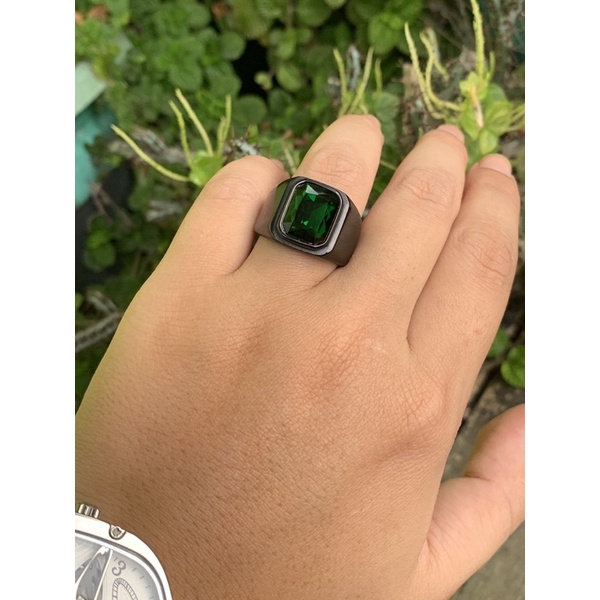 Cincin Pria Octagon Batu Emerald Green Cutting Akik Zamrud Hijau Ring Black Gun Platted Titanium Stainless Steel Tahan Luntur dan Karat