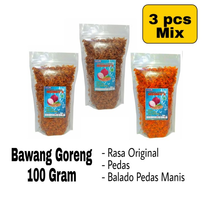 

Bawang Goreng Renyah Original Balado Pedas Mix 100 gram 3 pcs