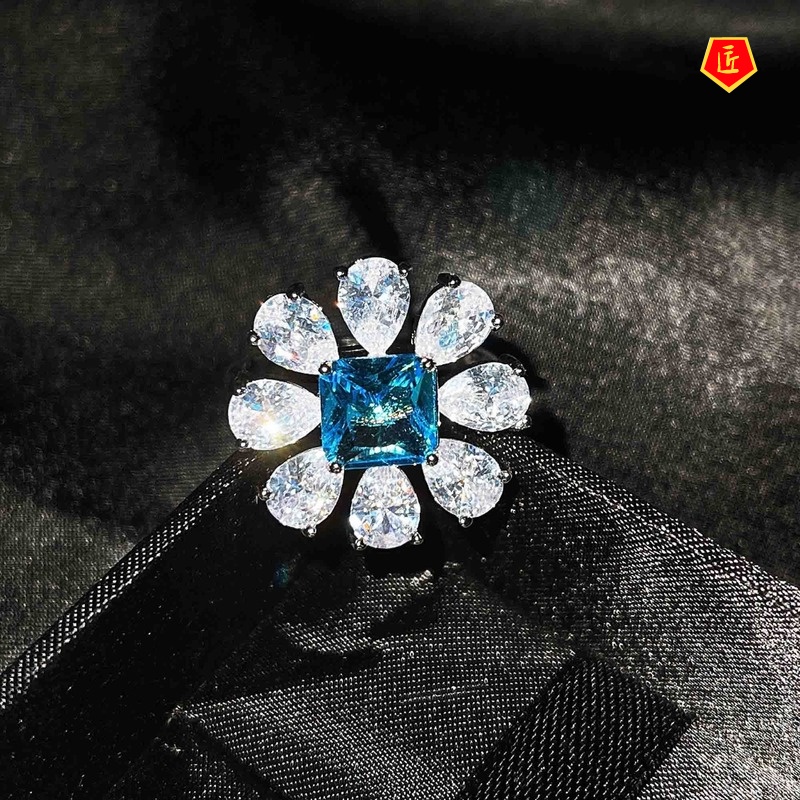 [Ready Stock]Natural Blue Topaz Necklace Ear Stud Ring Set for Women