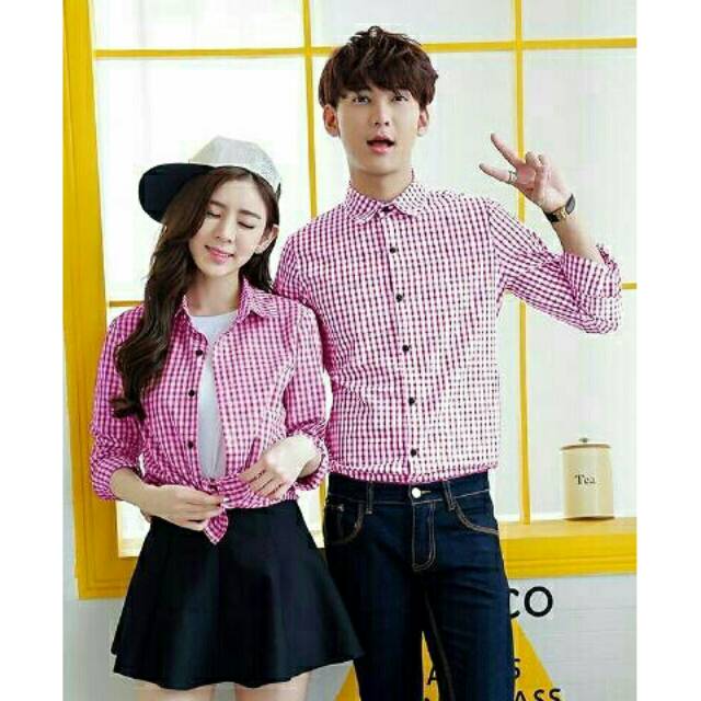 Kemeja couple nivea pink kotak flanel baju pasangan korea  kasual slim fit murah keren pekanbaru
