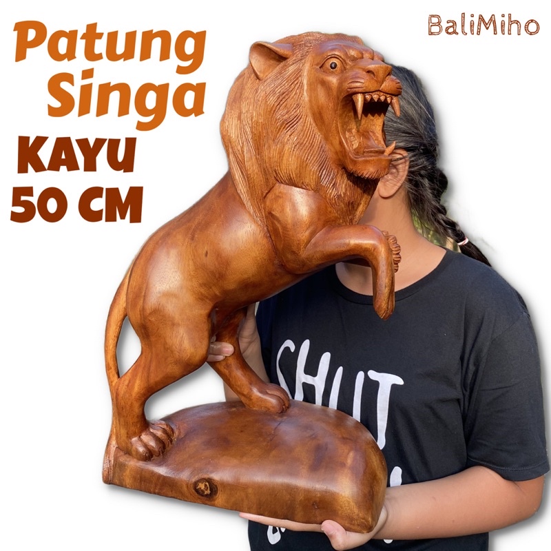 Patung Singa Kayu 50 cm Patung Raja Hutan Pajangan Singa Lion statue Lion Sculpture Patung Singa Dek