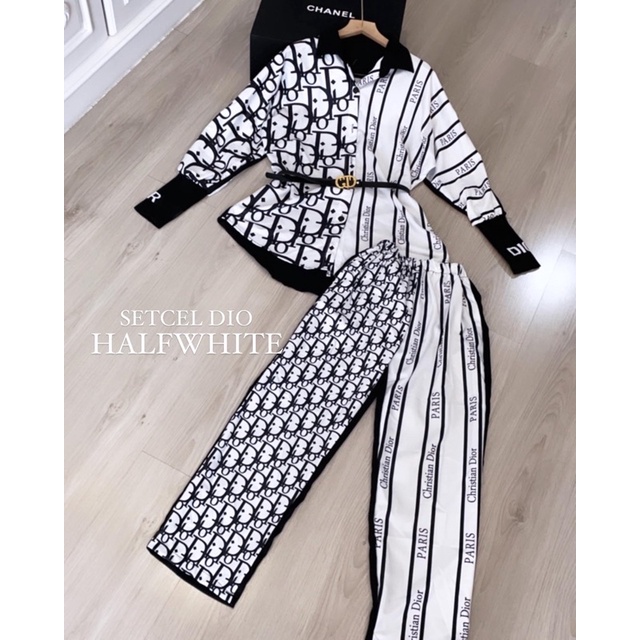 SETCEL DIO ( kemeja + kulot )-Dio half WHITE