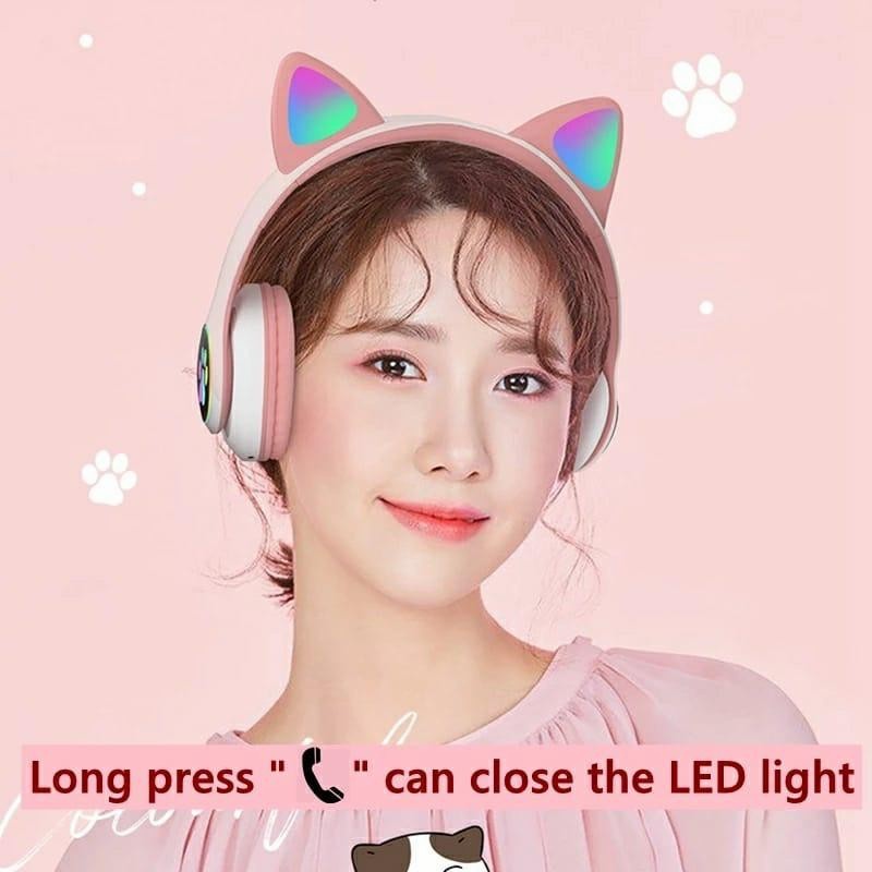 Headphone Bluetooh Bando Cute Cat Ear STN-28 Macaron Model Telinga Kucing LED