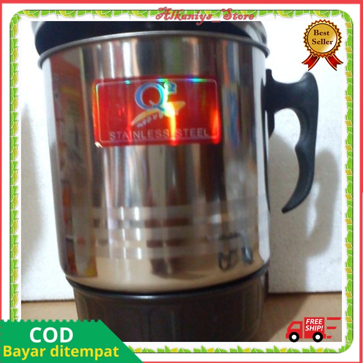 Termos Listrik Pemanas Air Original Mug Elektrik Q2 Mini 14 cm Low Watt Stainless Terbaru Promo