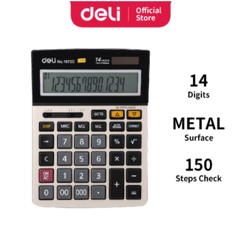 

Deli Kalkulator 150 Fungsi 14 Digit dengan penutup acrylic Sertifikat CE garansi 3 tahun E1672C