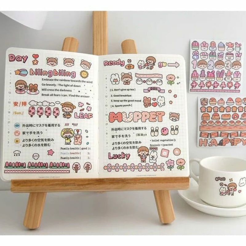 Stiker Aesthetic 1 Lembar | Sticker Bunny Bear &amp; Girl Lucu | DIY Bahan Washi Untuk Deco Scrapbook Diary Tumbler Botol Viral Lucu Gemoy