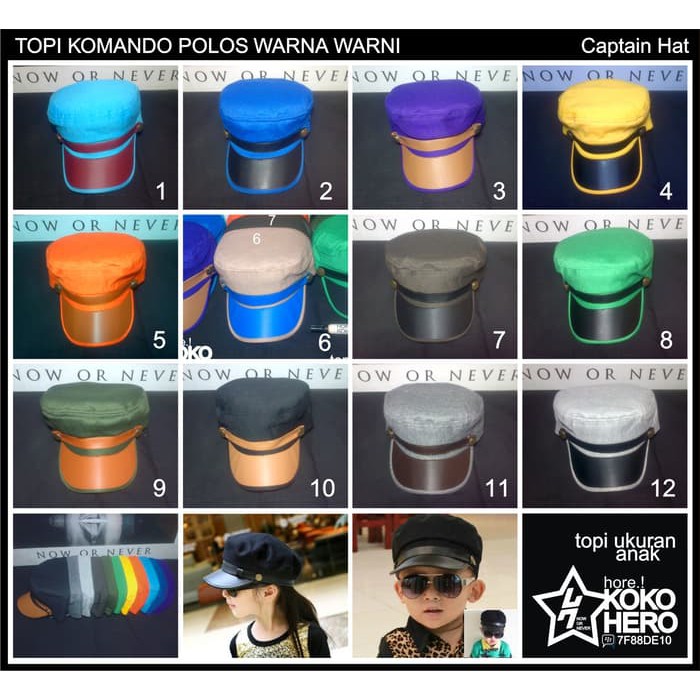 Topi anak gaul /     topi anak kapten baby Captain Hat Komando polos warna warni     ash shop