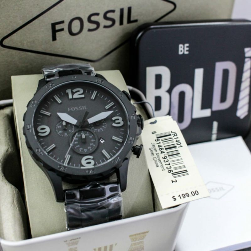 Jam Tangan Pria Fossil JR1401 Nate Chronograph Black Stainless Steel Original rantai hitam ori murah