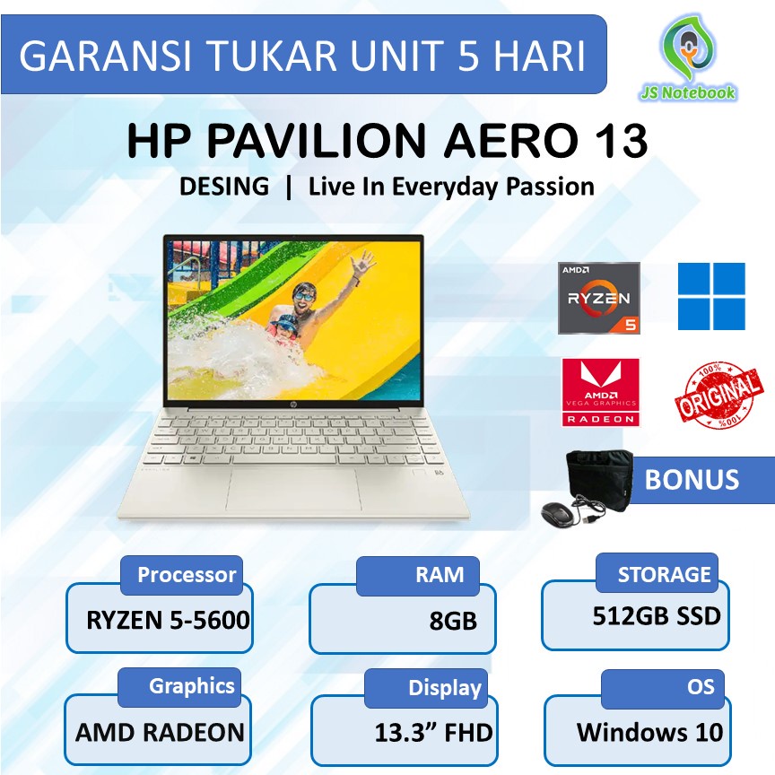 HP PAVILION AERO 13 RYZEN 5 5600 8GB 512SSD VEGA7 W10 13.3FHD