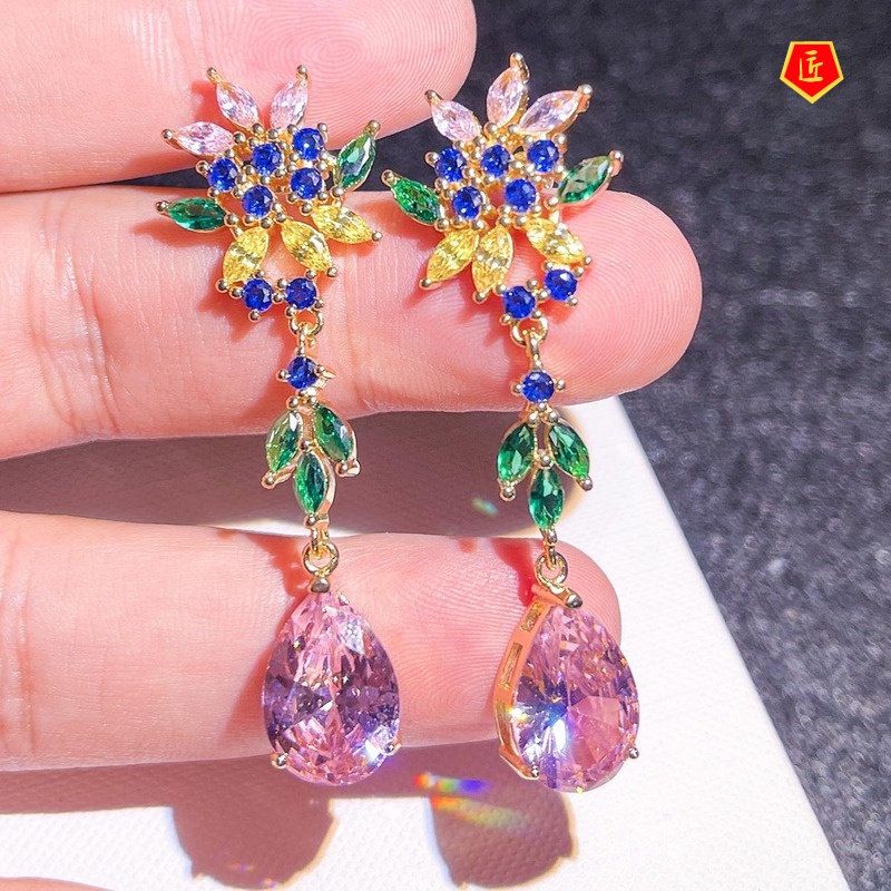 [Ready Stock]Pink Crystal Flower Long Earrings Colored Gems