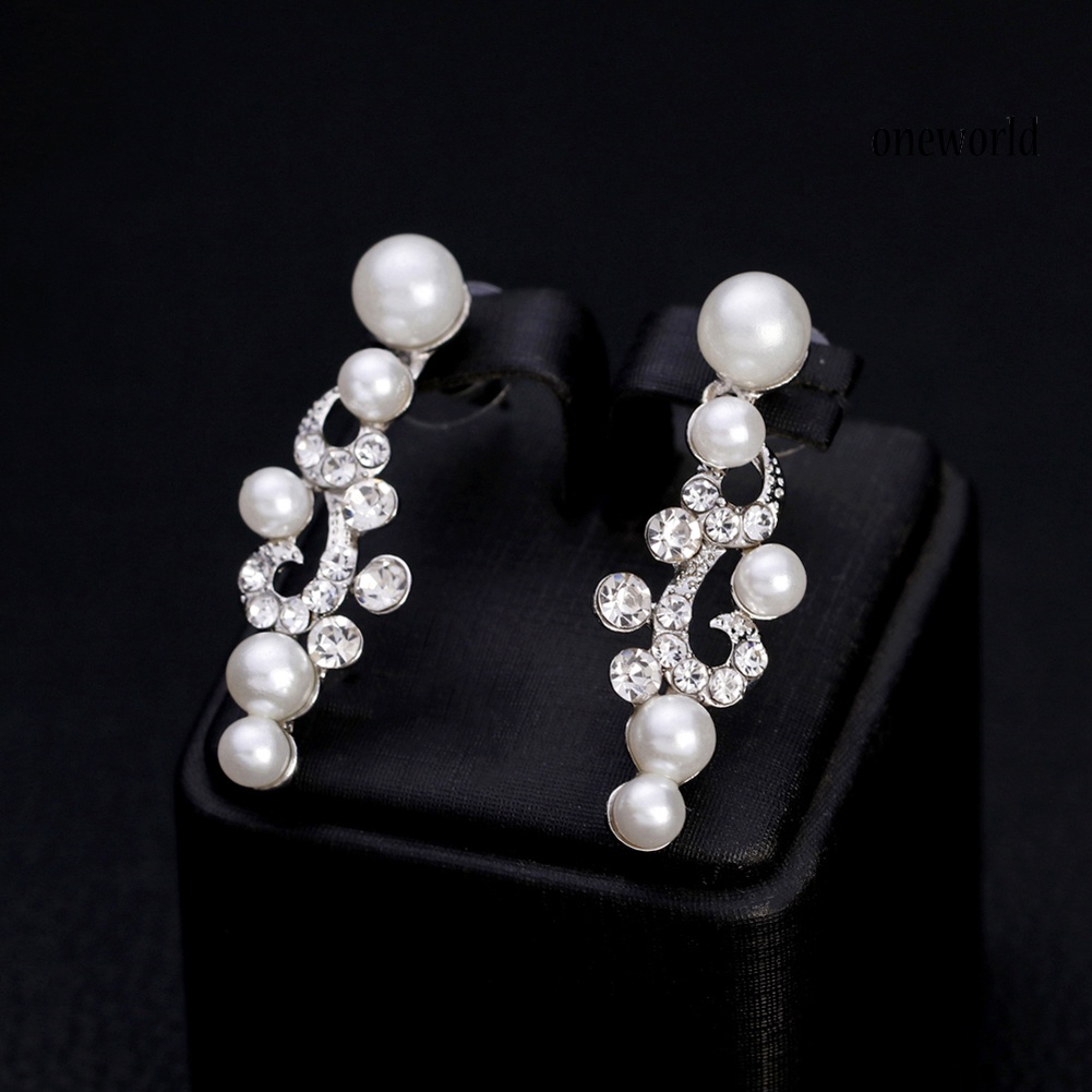OW@ Fashion Alloy Rhinestone Faux Pearl Necklace Earrings Women Bride Jewelry Set