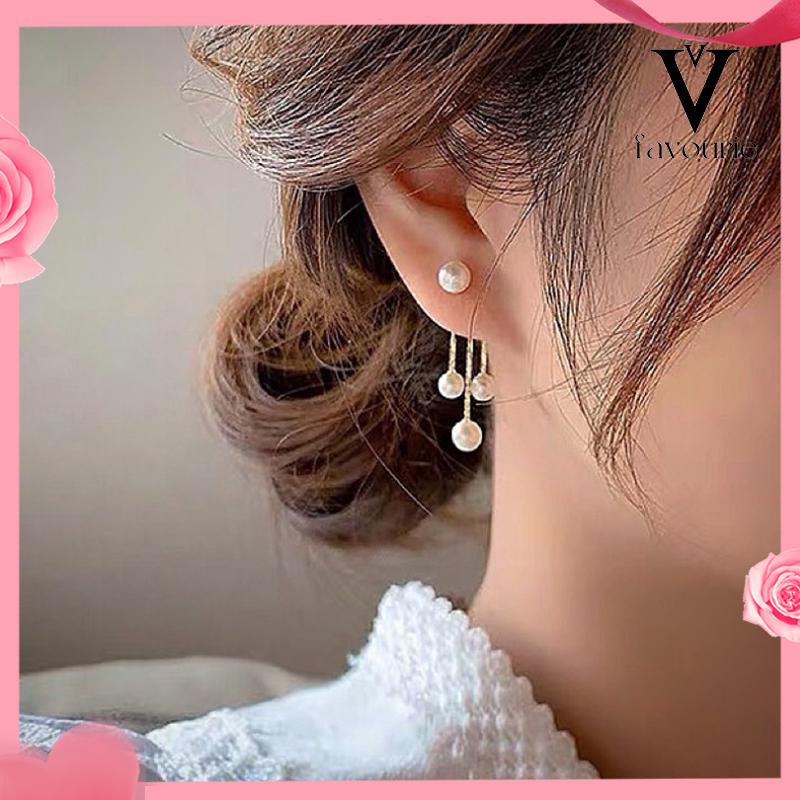 [COD]Pearl Back Hanging Silver Needle Earrings Temperamen All-Match Anting Wanita Halus-FA