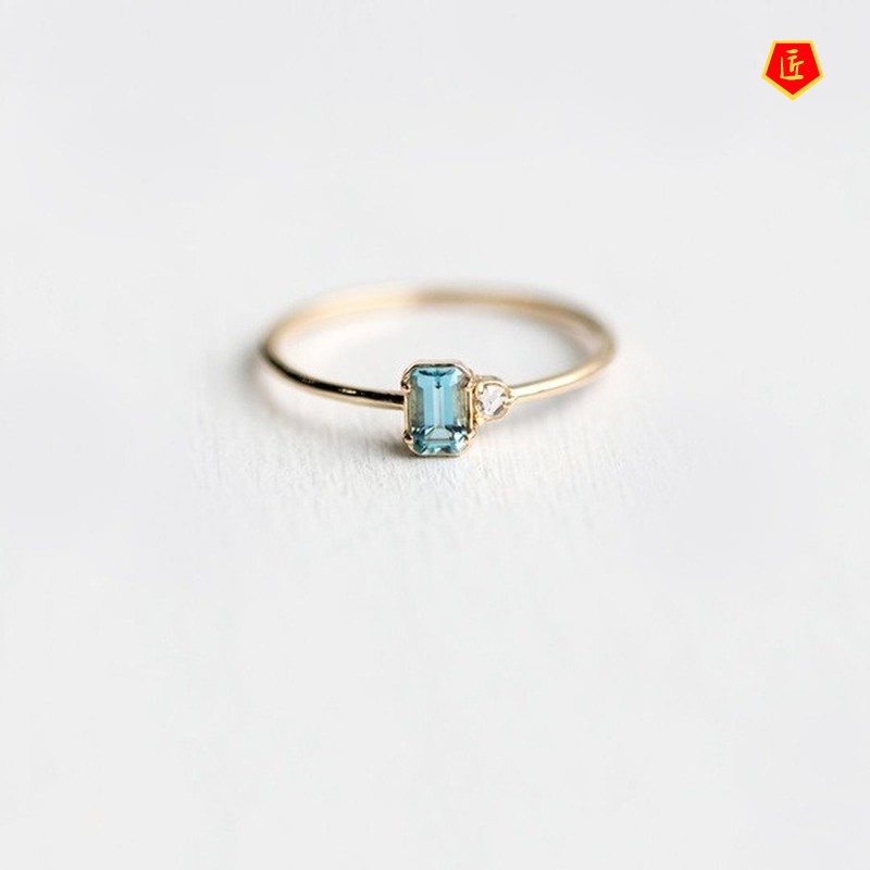 [Ready Stock]18K Gold Three Ring Set Inlaid Topaz Sea Blue Gem Simple and Elegant