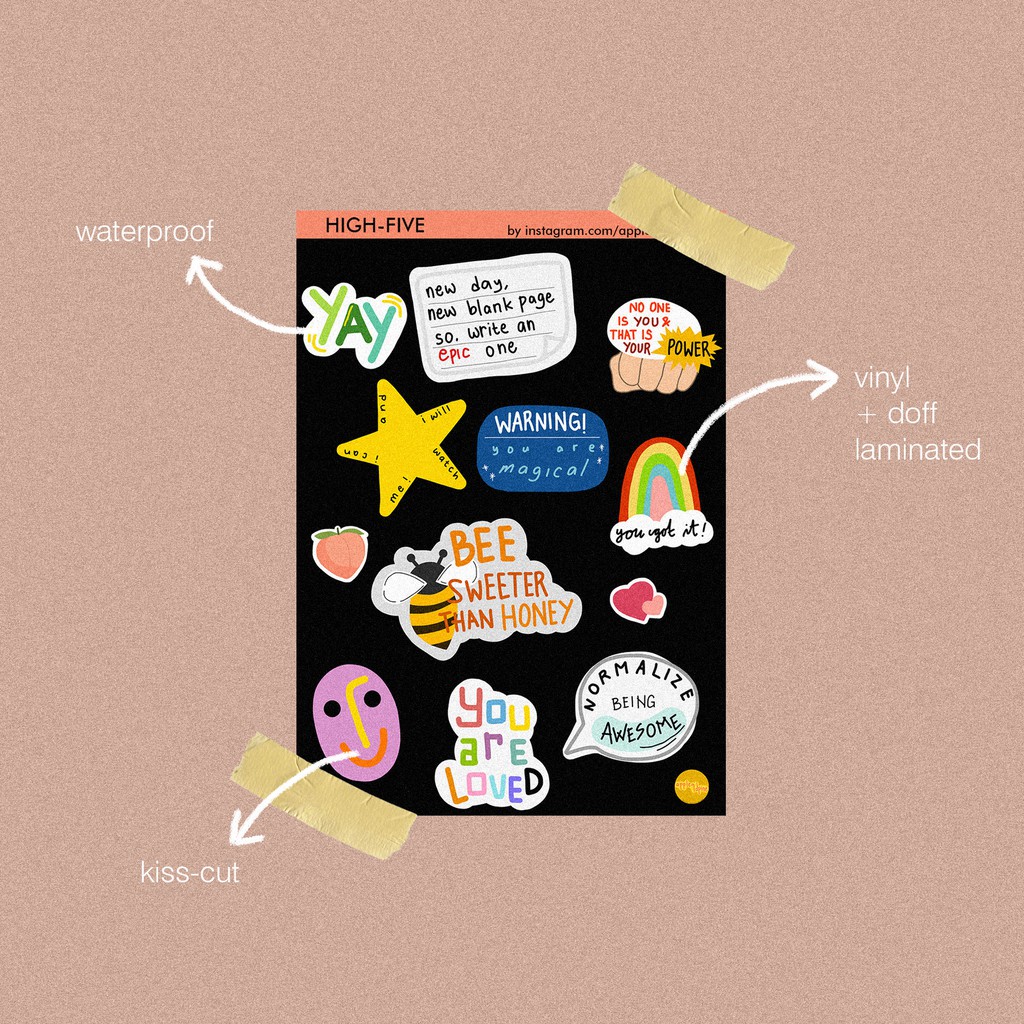 

High Five Sticker Sheet - APPLENDPINE / UNTUK JOURNAL, PLANNER, SCRAPBOOK, DLL [100% HAND-DRAWN]