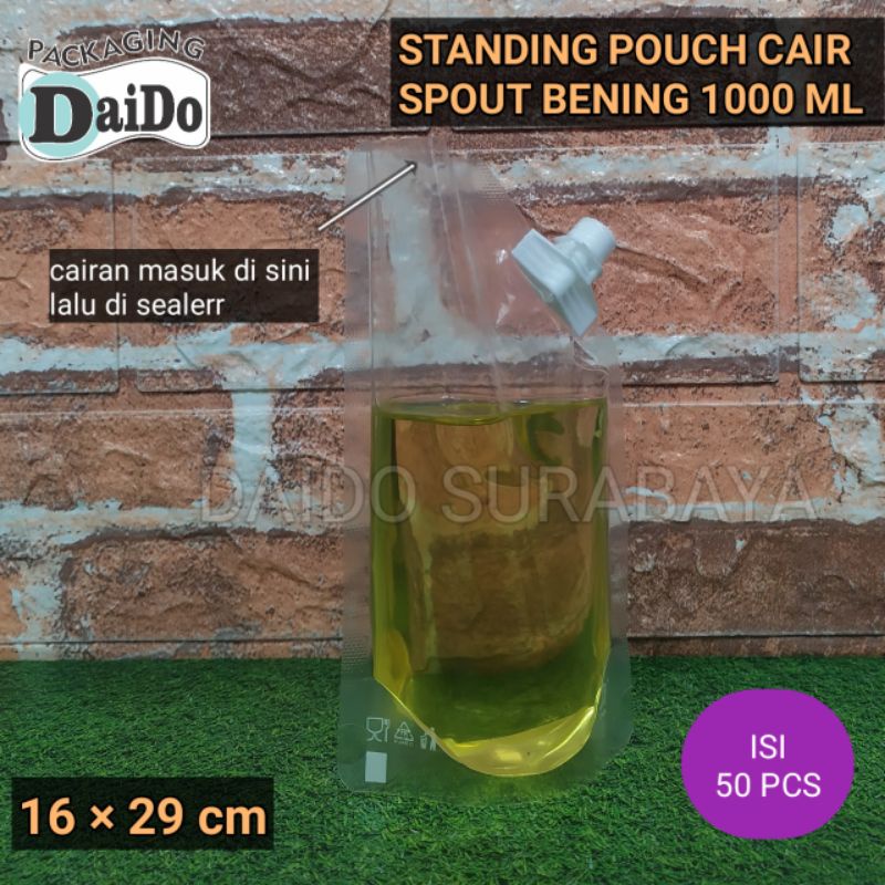 ISI 50 Pcs PLASTIK STANDING POUCH DENGAN TUTUP BOTOL MINUMAN 1000ml (SPOUTPACK)