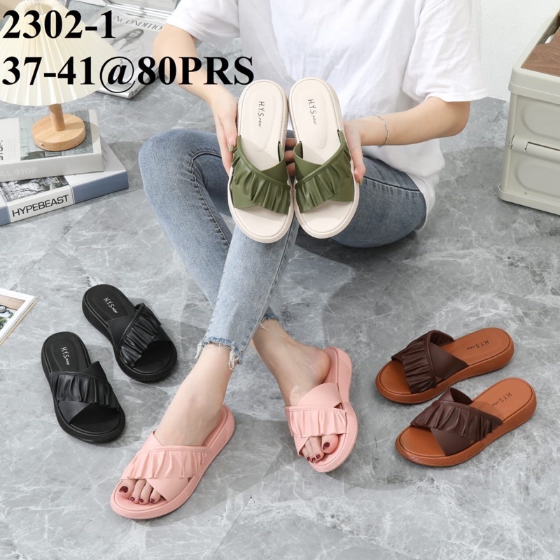 SANDAL JELLY SLOP WANITA IMPORT WEDGES EMPUK TEBAL KOREA N SILANG RENDA 2302