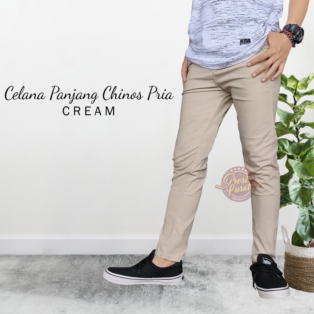 Celana Chino Chinos Pria Krem Muda Ukuran 27 - 38