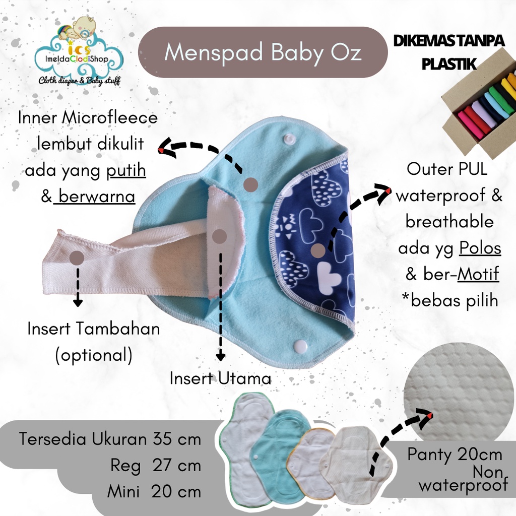 Menspad Baby Oz menstrual pad pembalut kain cuci ulang polos motif FREE extra insert