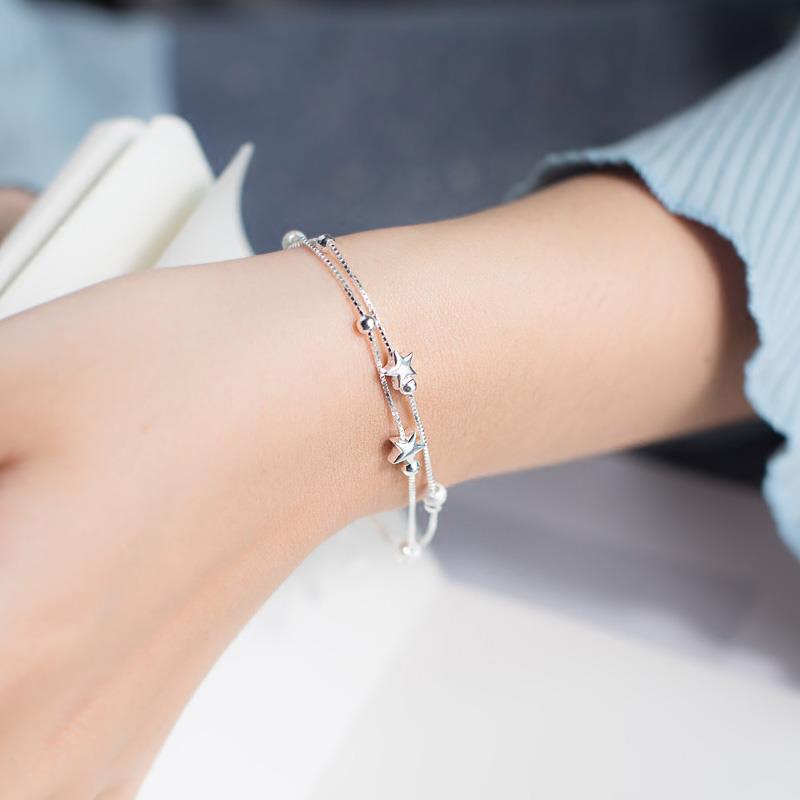 S925 Silver Korean Double-layer Pendant Bracelet for Women Girls Fashion Hand Jewelry