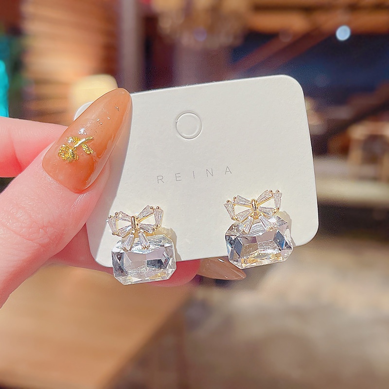 Shuling Bow Crystal Zircon Earrings Female Super Cute Stud Earring S925 silver needle Ear Jewelry