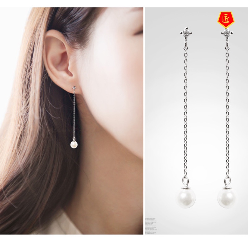 [Ready Stock]Silver Earrings Female Long Fringed Pearl Temperament