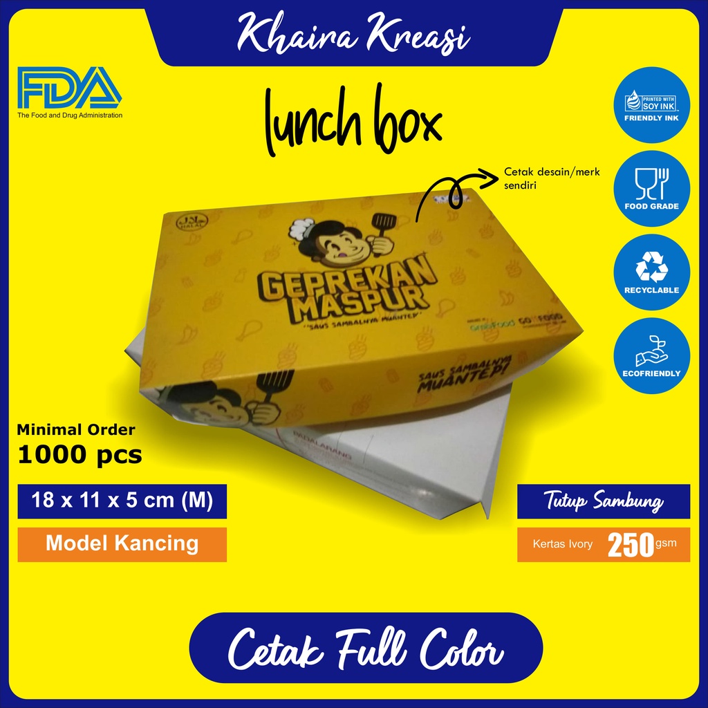 Dus Ayam Geprek, Kotak Ayam Penyet, Box Ayam Goreng, Cetak Lunch Box Pakai Desain / Merk Sendiri Uku