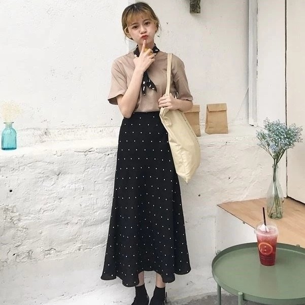 Rok midi wanita motif polkadot putri duyung ramping hitam cantik modis mix-match