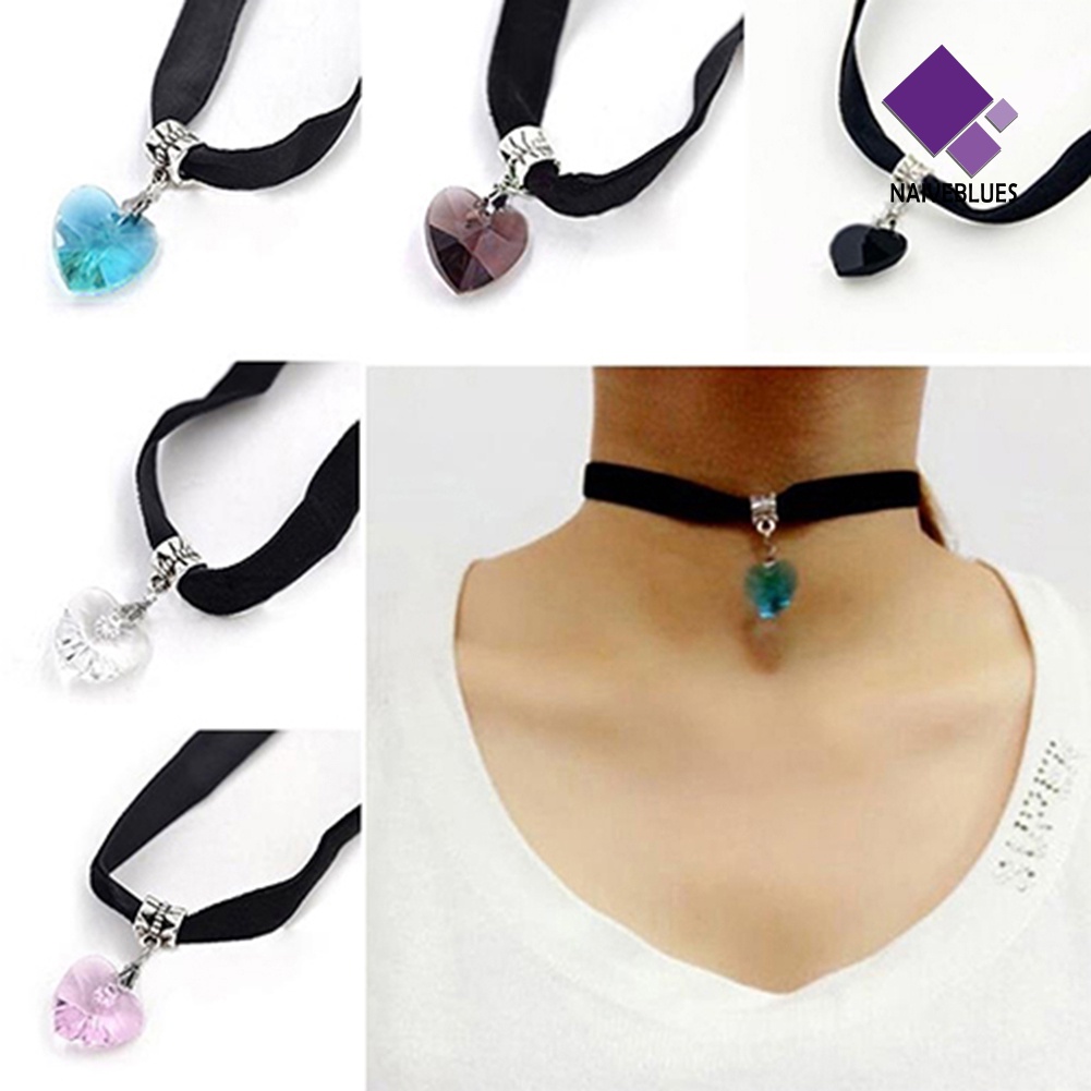 Kalung Choker Pendek Liontin Hati Berlian Imitasi Handmade Gaya Retro Gothic