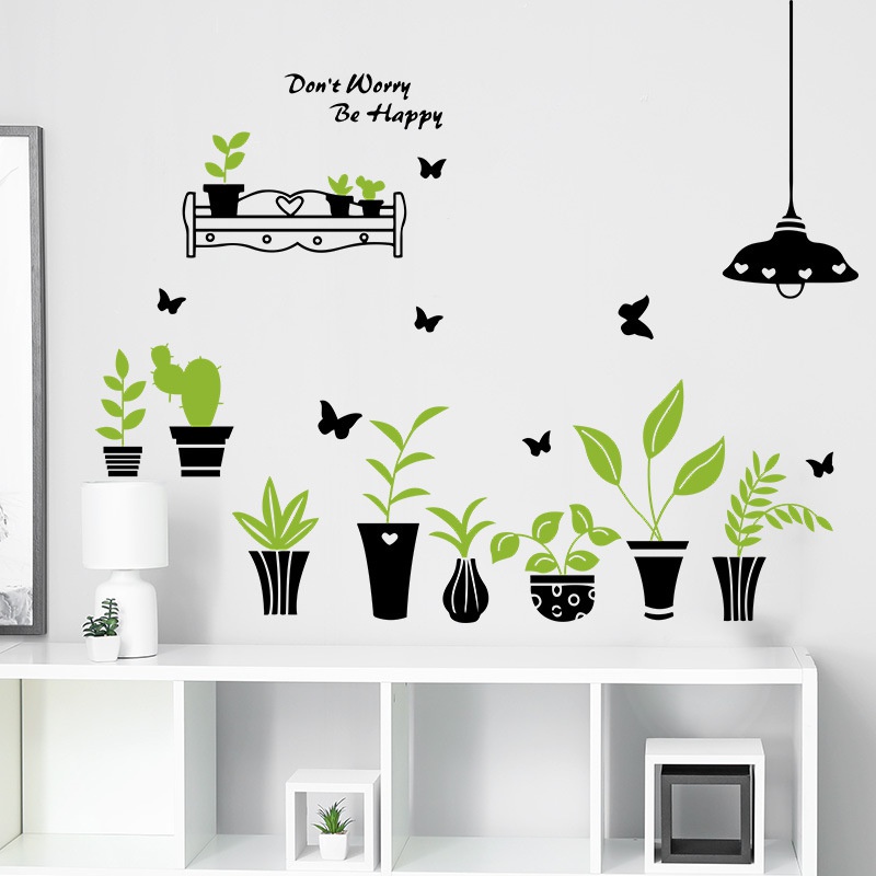 2pcs / set Stiker Dinding Decal Desain Kartun Butterfly Pot Tanaman Hijau Untuk Dekorasi Ruang Tamu / Kamar Tidur