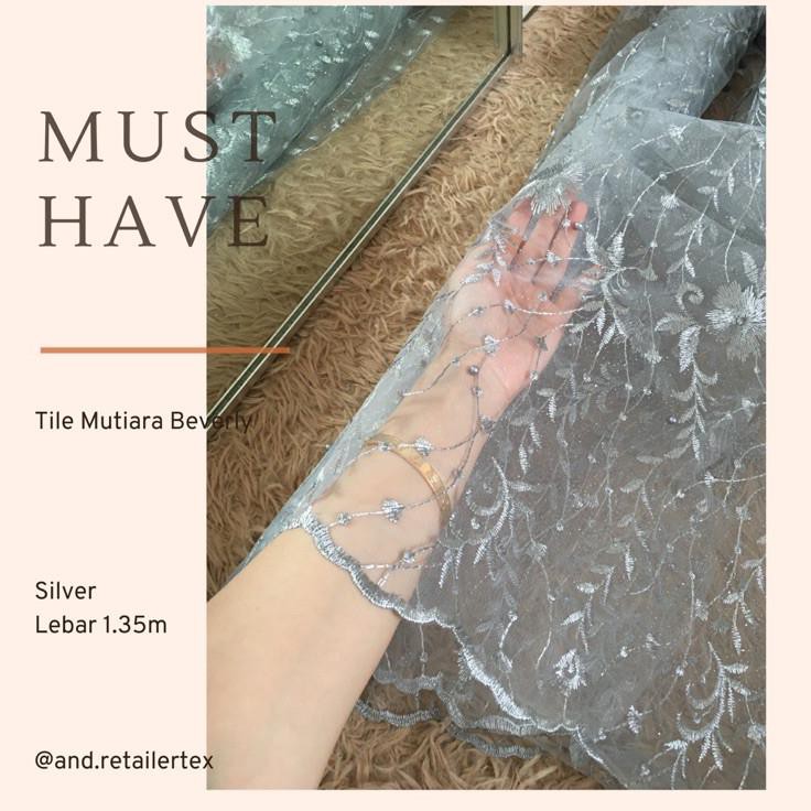 (100%) - Kain Brokat Tile Mutiara Beverly warna Silver abu