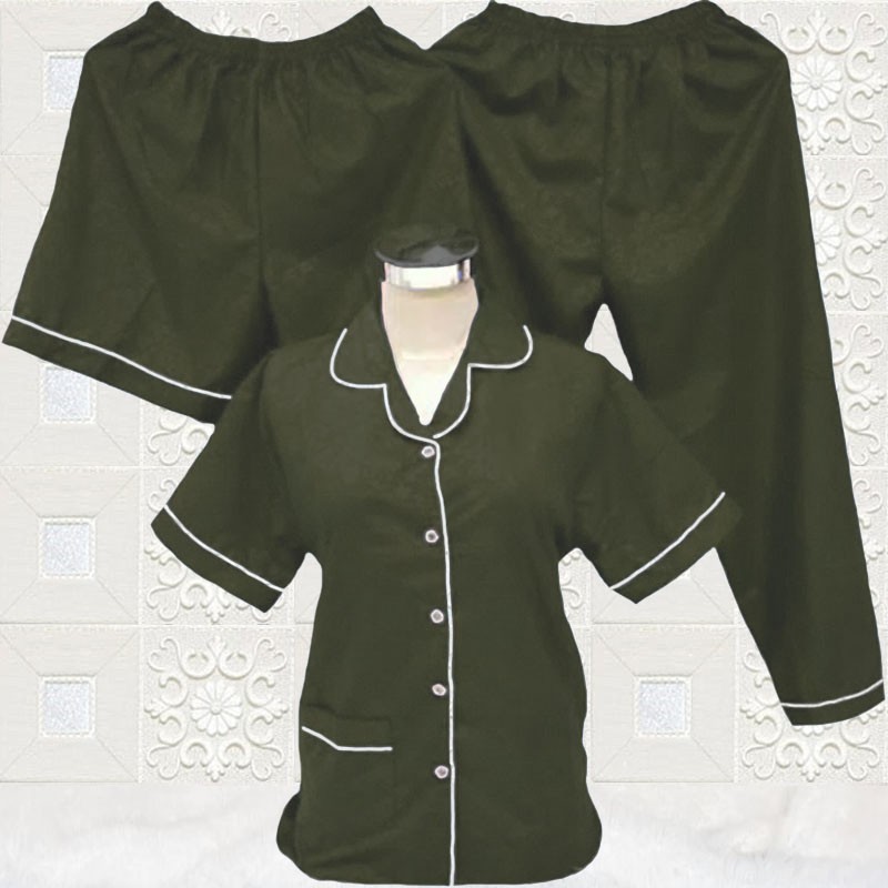 ISANNY PIYAMA SET SATEN EMBOS 3IN1 L/PIYAMA DEWAS/READY 20 WARNA-ARMY TUA