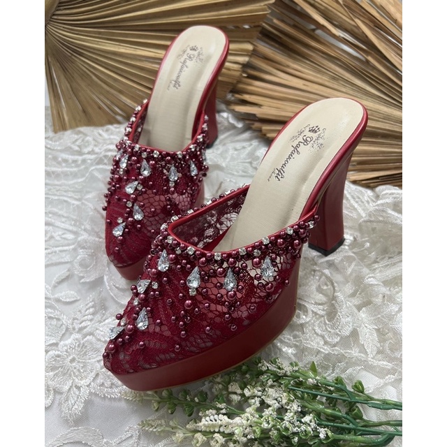 sepatu wanita wedding sintya merah marron 10cm platform tahu