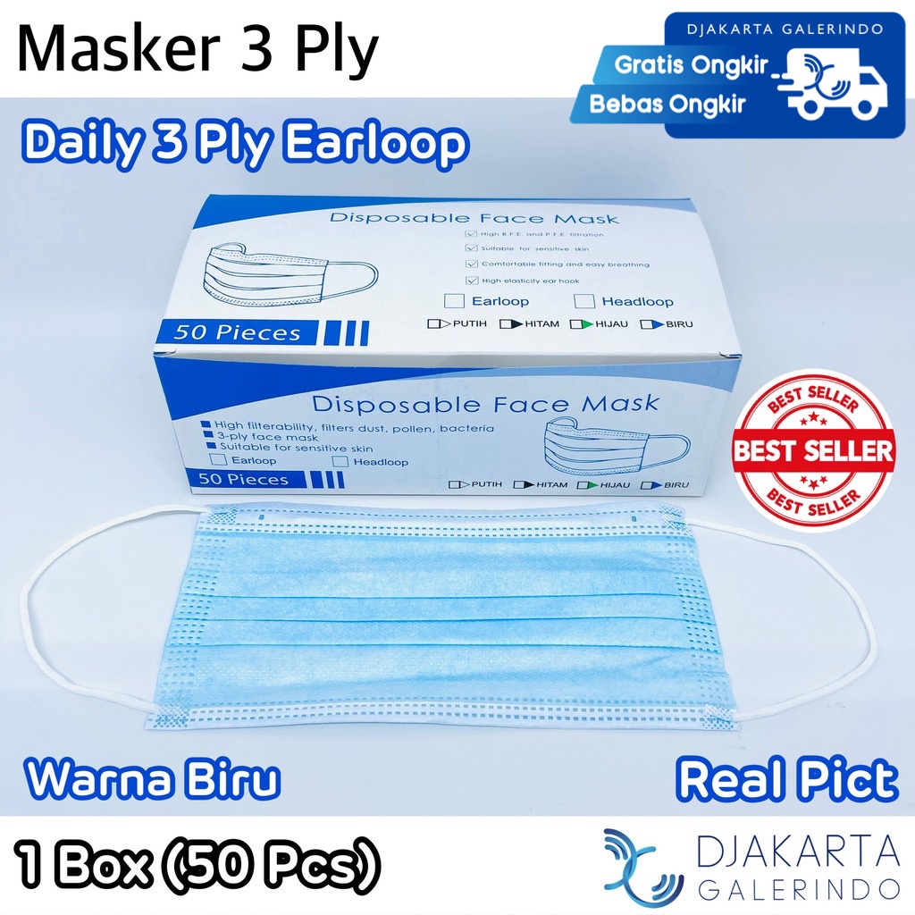 Masker Earloop 3Ply / Disposable Mask 1 Box isi 50 pcs