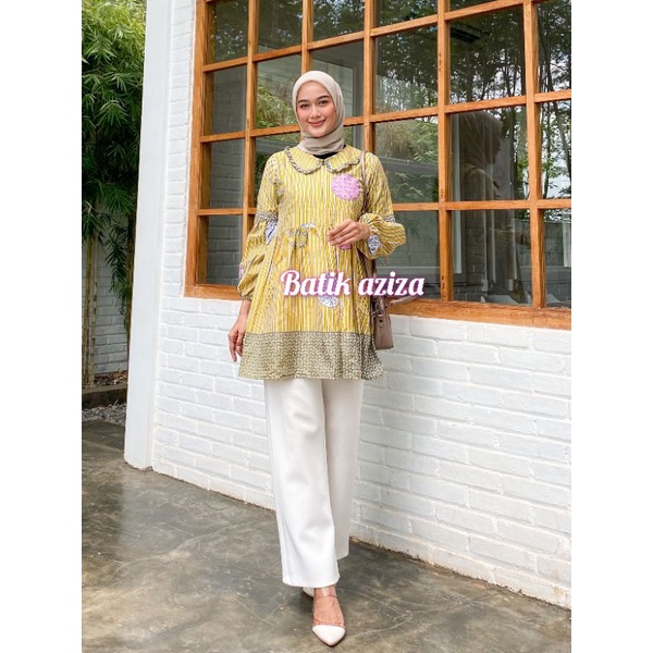 atasan batik wanita modern blouse kerja wanita lurik salur lengan balon resleting depan by batik aziza