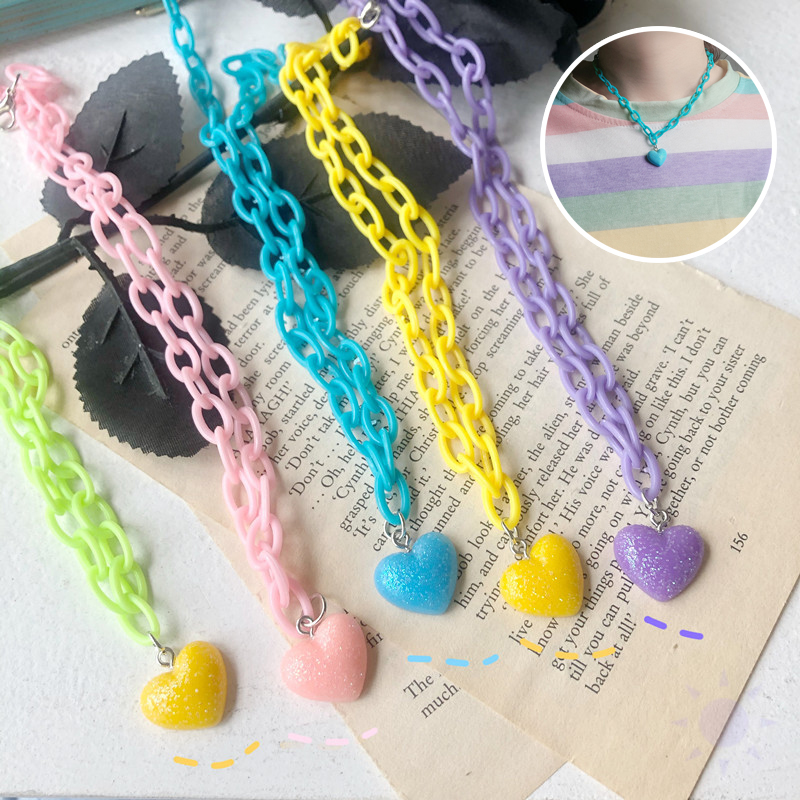 Kalung Love Dengan Rantai Akrilik Warna Love Neclace Aksesoris Wanita