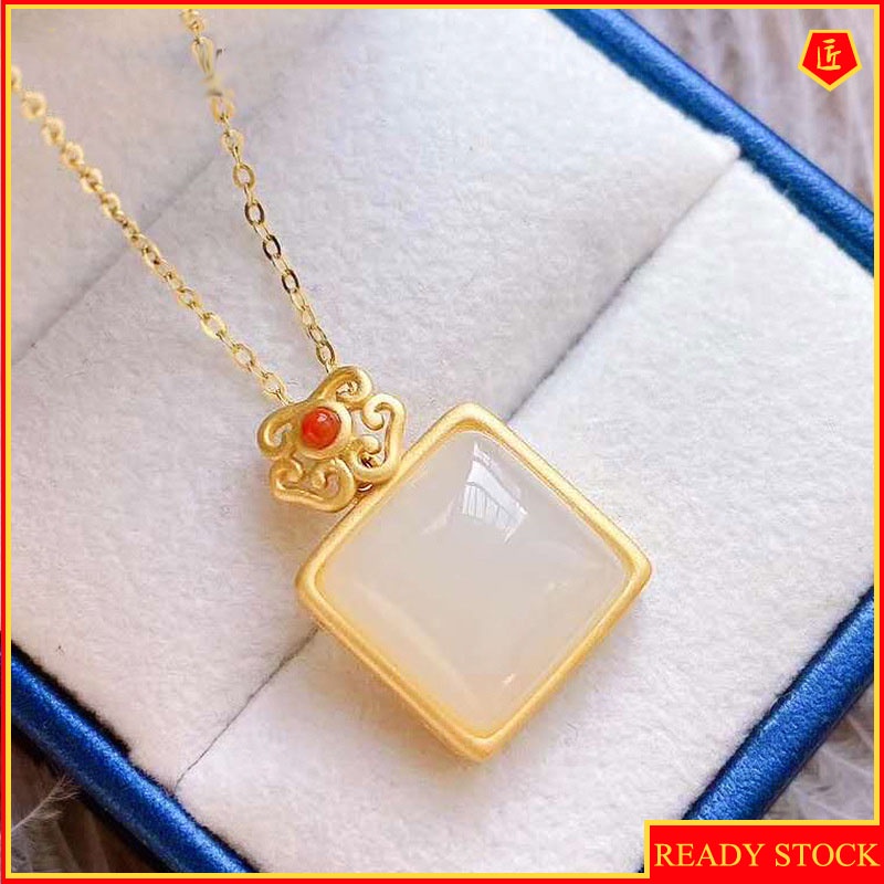 [Ready Stock]Hetian Jade Necklace Women's Small Square Pendant Chinese Style Classical Retro