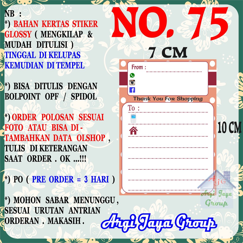 

Stiker Pengiriman - Sticker Alamat Olshop Murah Nomer 75 - 10x7 cm - Glossy