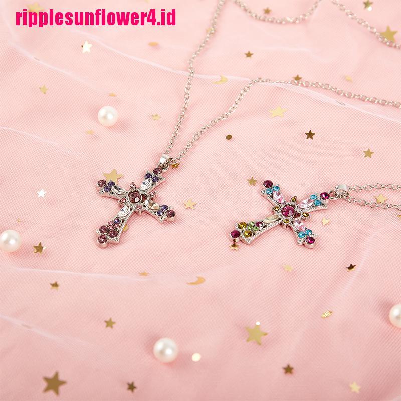 Kalung Rantai Dengan Liontin Salib Aksen Batu Zircon Pink Gothic Untuk Wanita