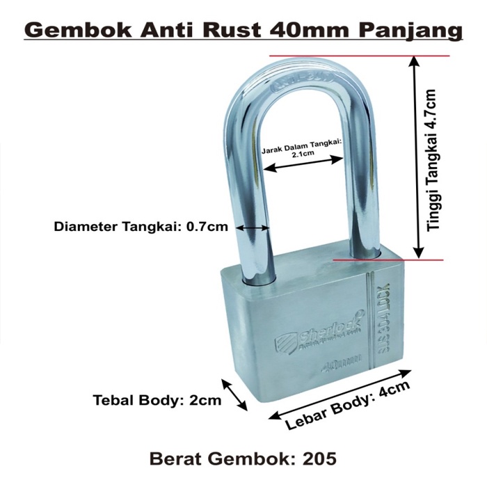 Gembok ANTI RUST 40 mm Panjang Sherlock Stainless Steel 304 anti karat