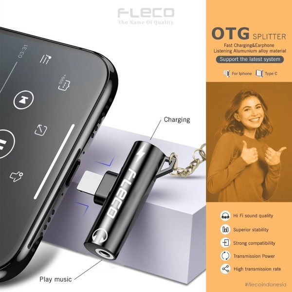 Splitter OTG FLECO Lightning 2in1 Converter Sambungan Charger Headset Jack 3.5