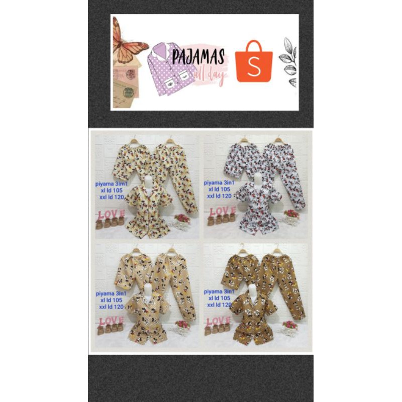 3IN1 PIYAMA MOTIF MC & MK - BAJU TIDUR WANITA - PAJAMAS