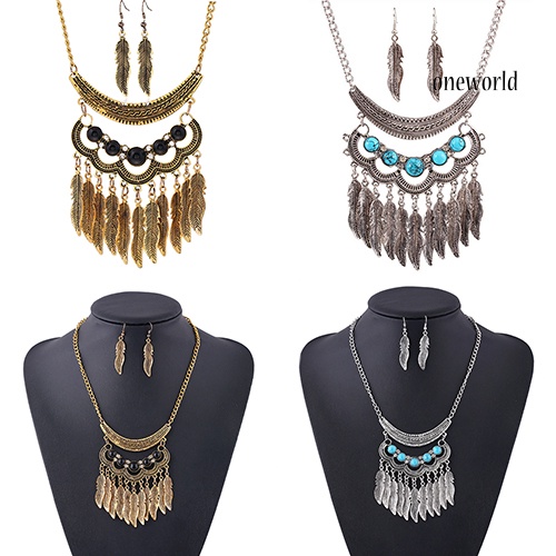 OW@ Women Vintage Leaves Tassels Pendant Choker Necklace Hook Earrings Jewelry Set